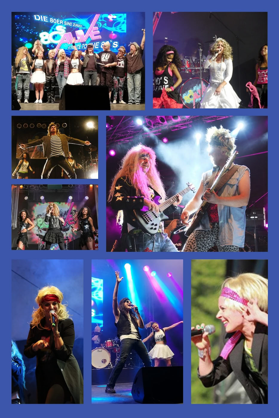 80S ALIVE 80ER JAHRE TRIBUTE BAND EPK, „80sALIVE“ die 80er-Jahre Legenden-Tribute-Show Der Showact mit Retro-Flair wird moderiert von „Mickie Sixx“. Eine „Back to the 80s“ Party im Originallook der Stars Collage