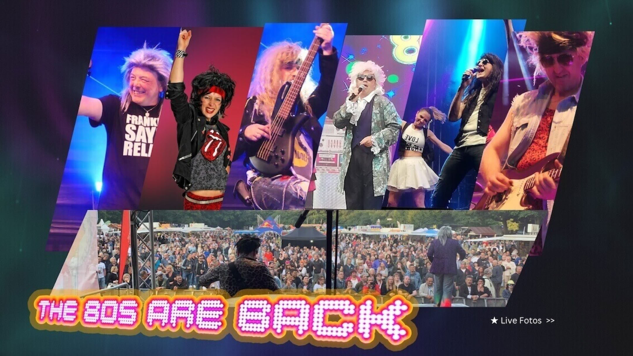 Foto der 80er Jahre Tribute Show Band 80s Alive, Livefoto von Nena Falco Foreigner Moderator Mickie Sixx mit Franky says relax von Frankie goes to hollywood Nena mit Rolling stone t-shirt, Bassist Ben Schnell, Gitarrist Martin Radatz im Bühnen outfit und die Tänzerin im typisch 80er Jahre Style Bühnenoutfit. Darunter ein Foto von einem Liveauftritt 2022 auf einem Festival in Gelsenkirchen in Deutschland. Sehr viele Besucher, diese Besucher sind auch auf dem Foto zu sehen. Viele Tausend Personen - grosse Menschenmenge die fröhlich party feiert und mitsingt. Foto von der Bühne aus - Band blickt auf die große Menschen Anzahl.